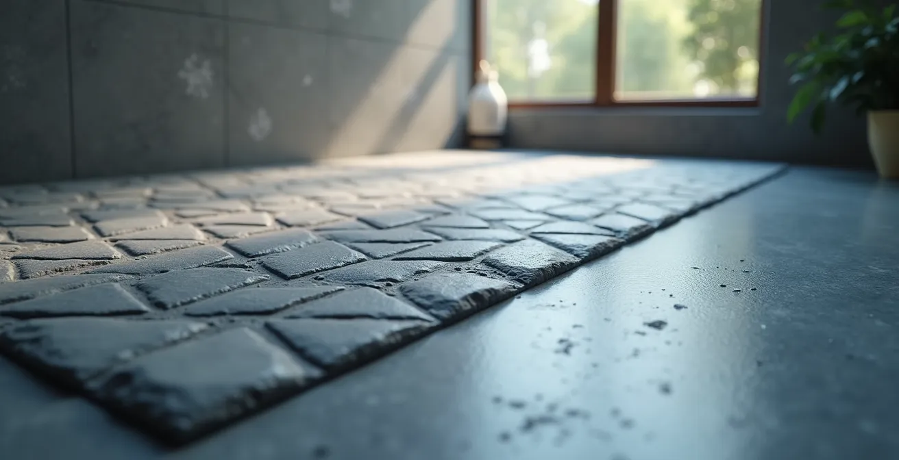 Gros plan sur la surface texturée antidérapante d'un receveur de douche avec motifs géométriques élégants