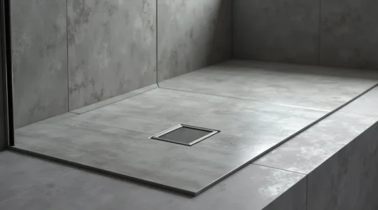 Vue d'angle d'un receveur de douche moderne extra-plat en résine avec texture ardoisée dans une salle de bain contemporaine