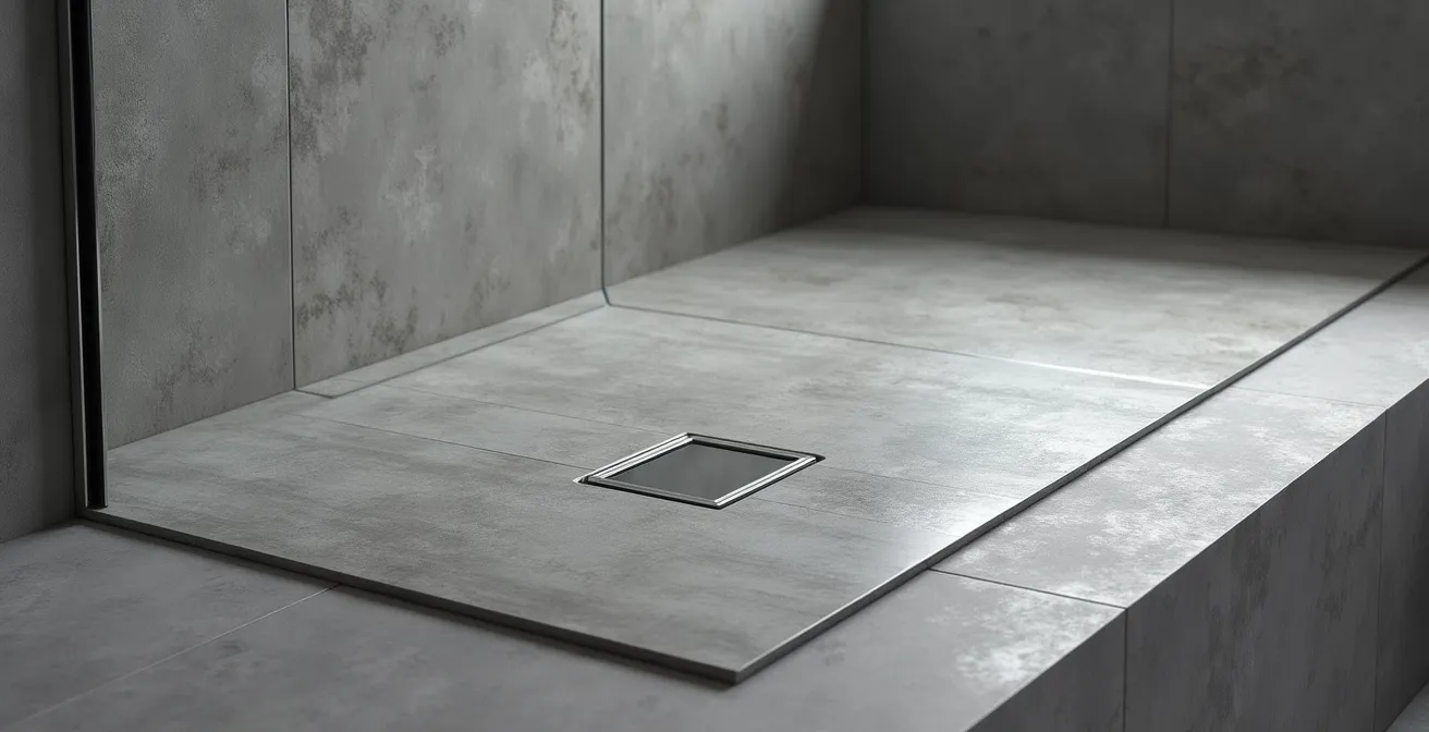 Vue d'angle d'un receveur de douche moderne extra-plat en résine avec texture ardoisée dans une salle de bain contemporaine